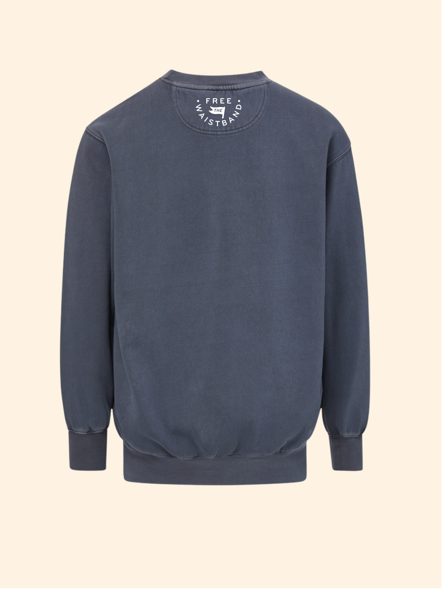 A washed slate blue crewneck sweatshirt shown from the back, featuring a small white circular graphic on the upper back with the text 'FREE SYSTEM CO' and a star logo, set against a solid cream background.