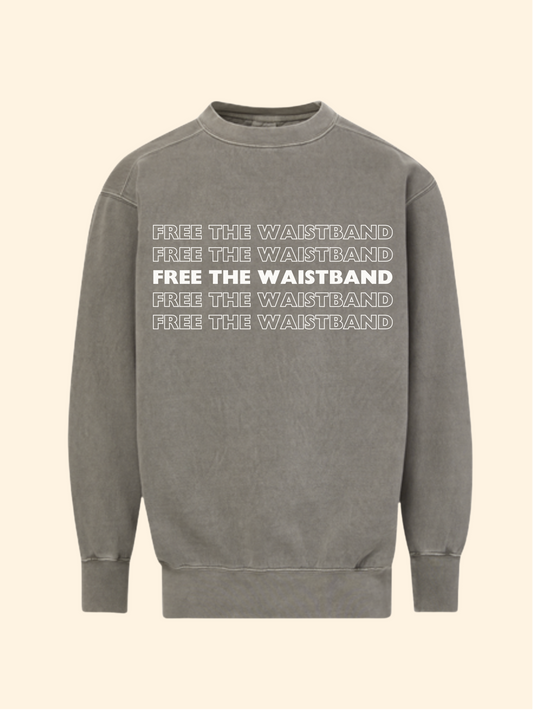 A gray crewneck sweatshirt with 'FREE THE WAISTBAND' printed in white across the chest, shown on a solid cream-colored background.