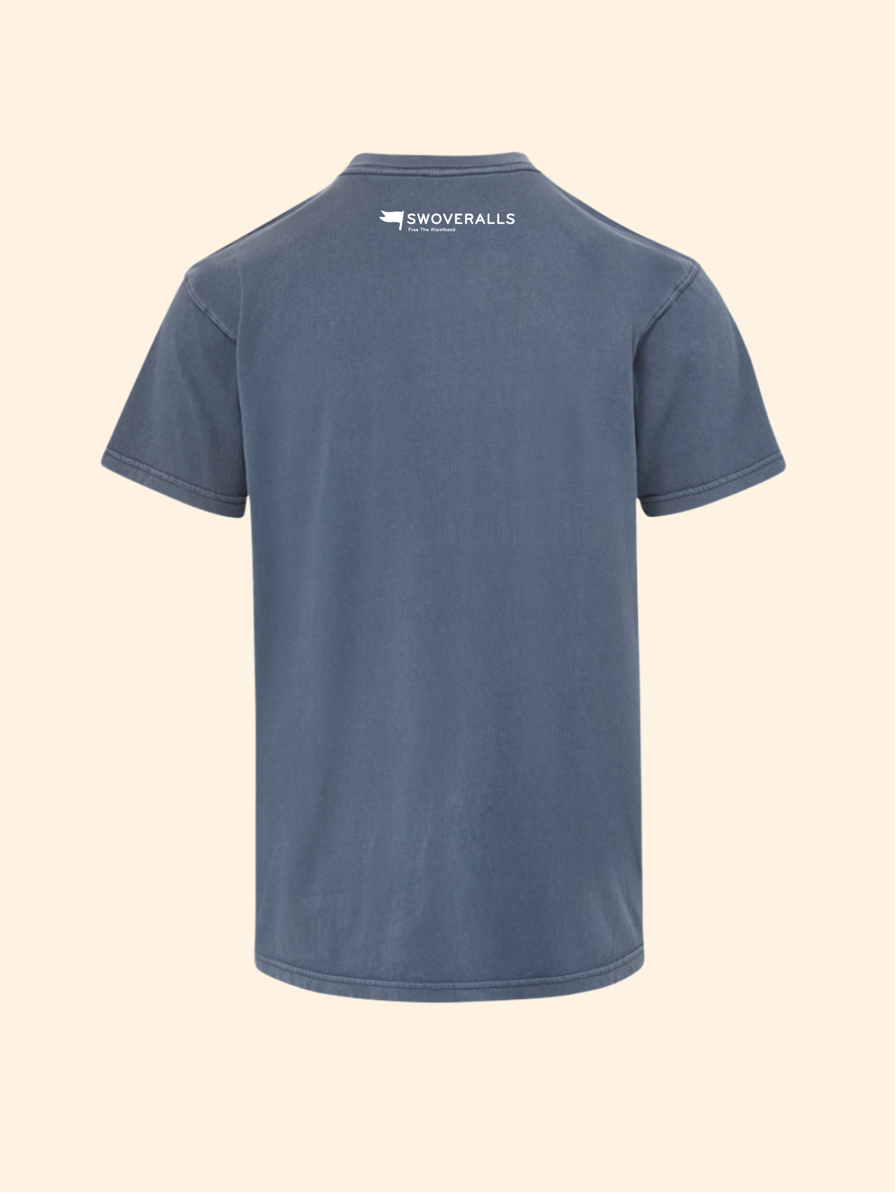 A slate blue short-sleeve t-shirt shown from the back, featuring a white 'SWOVERALLS' logo printed on the upper back, set against a solid cream background.