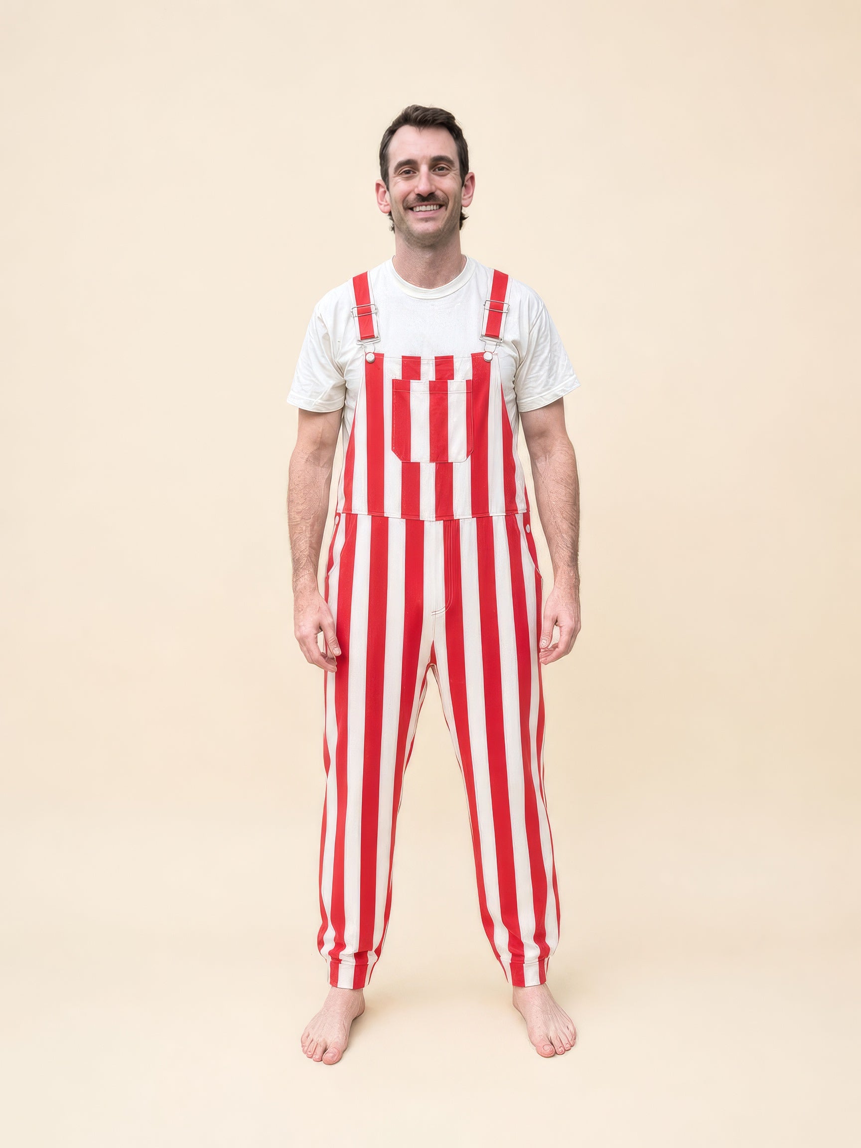 Red & White Stripe Sweatpant Overalls for Adults | Swoveralls