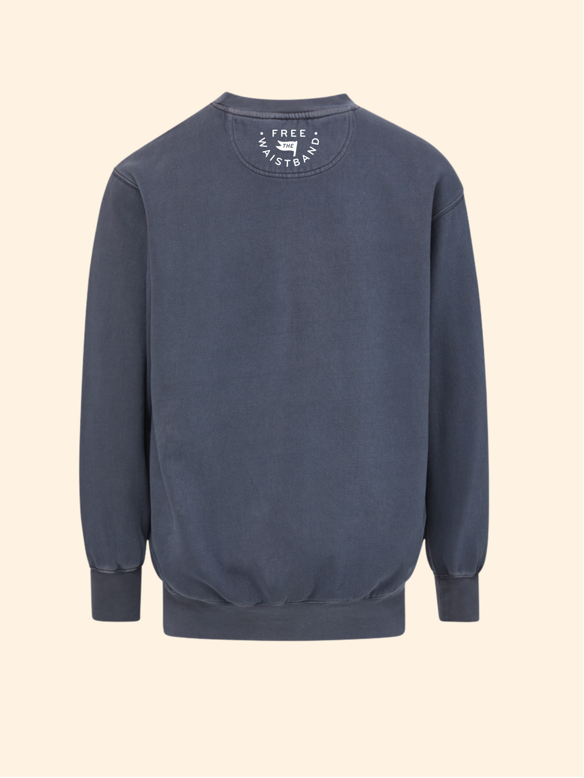 A washed slate blue crewneck sweatshirt shown from the back, featuring a small white circular graphic on the upper back with the text 'FREE SYSTEM CO' and a star logo, set against a solid cream background.