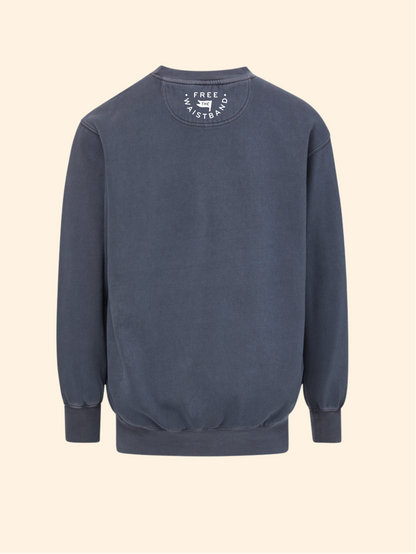 A washed slate blue crewneck sweatshirt shown from the back, featuring a small white circular graphic on the upper back with the text 'FREE SYSTEM CO' and a star logo, set against a solid cream background.