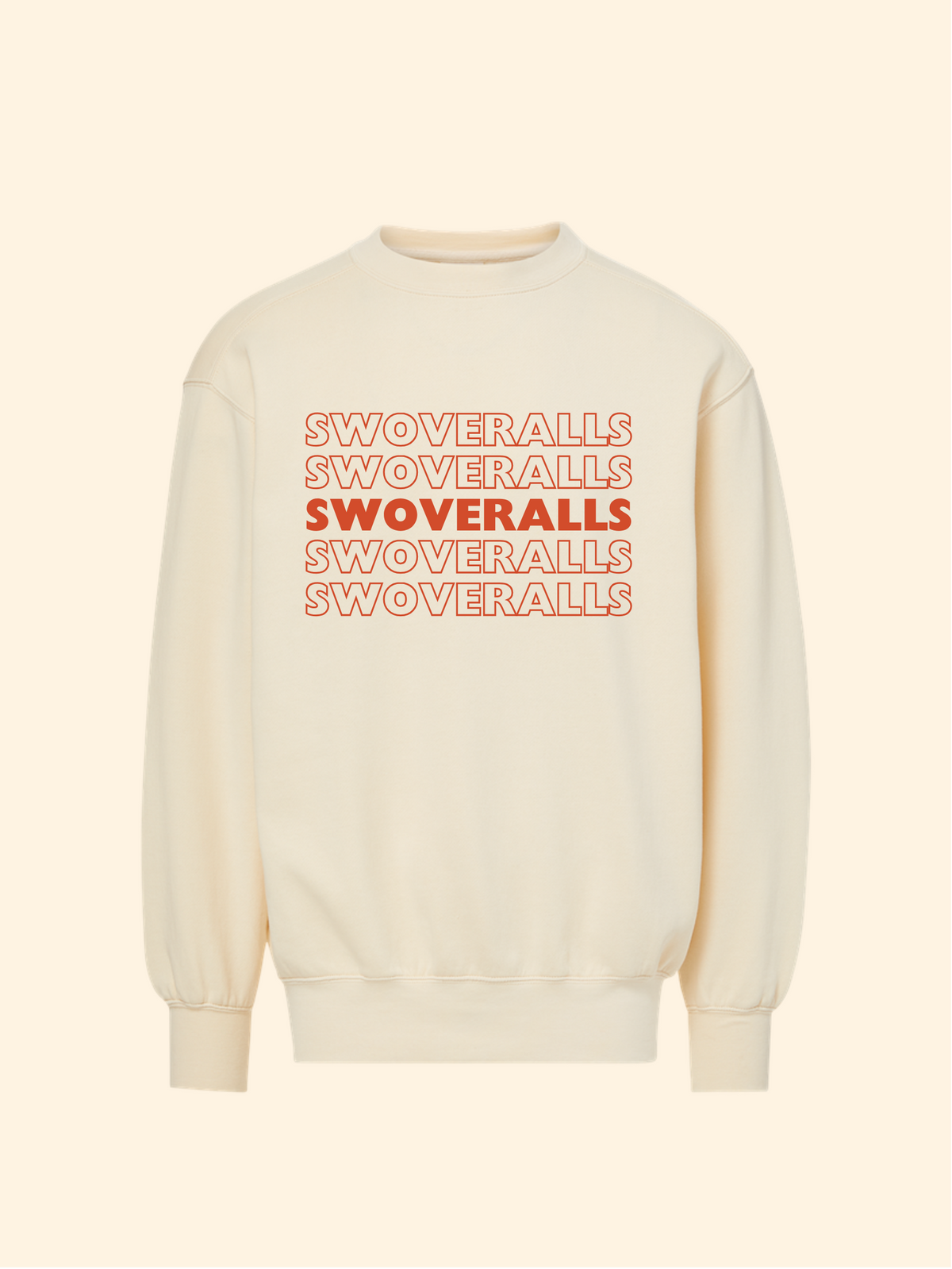 An off-white crewneck sweatshirt featuring a graphic print on the chest with the word 'SWOVERRALLS' repeated in orange outlines, with the middle line filled in solid orange. The sweatshirt is displayed against a solid cream-colored background.