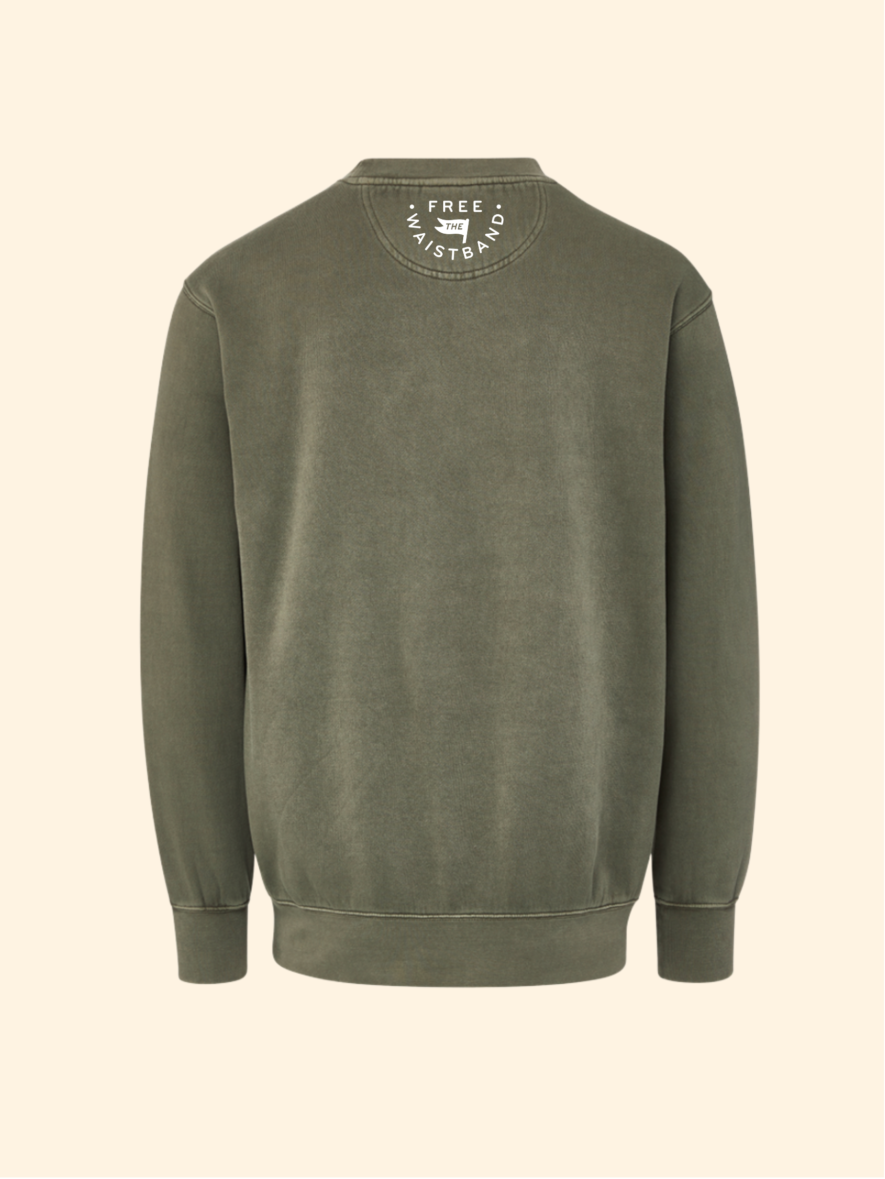 An olive green crewneck sweatshirt shown from the back, featuring a circular white graphic print on the inside of the collar, set against a solid cream background.