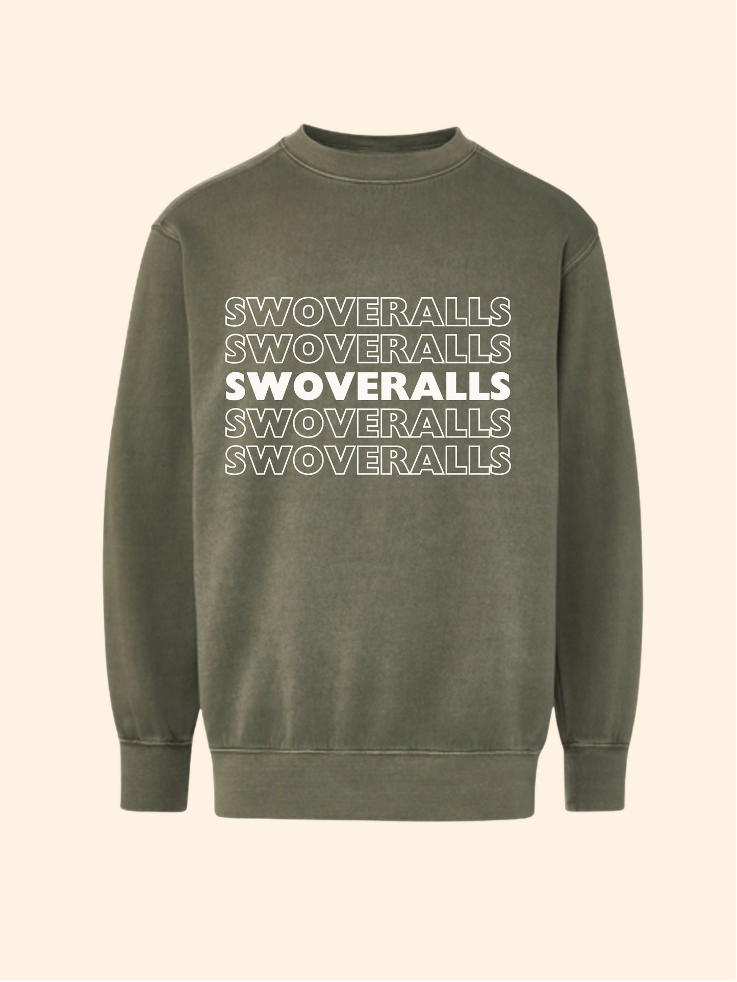 An olive green crewneck sweatshirt featuring the word 'SWOVERRALLS' repeated in white outline and solid block lettering across the chest, displayed on a solid cream background.