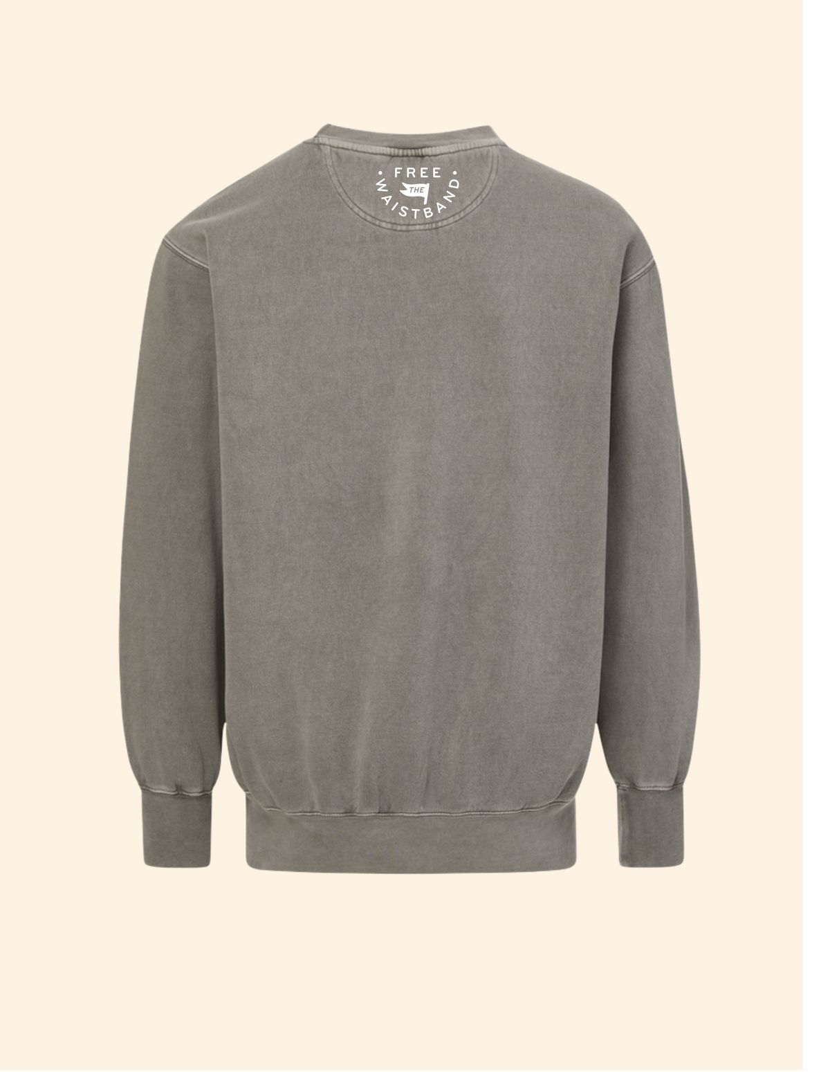 A washed gray crewneck sweatshirt shown from the back, featuring a circular white graphic print on the inner neck collar, set against a solid cream background.