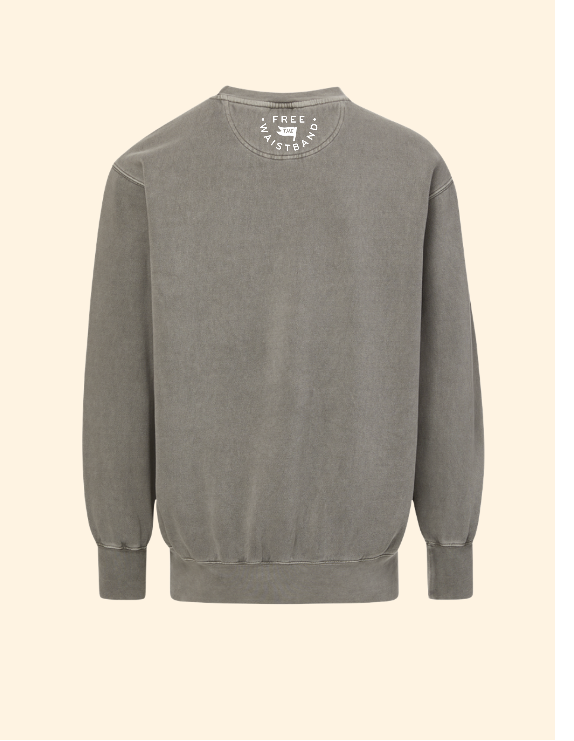 A washed gray crewneck sweatshirt shown from the back, featuring a circular white graphic print on the inner neck collar, set against a solid cream background.