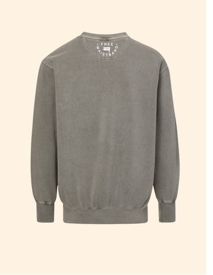 A washed gray crewneck sweatshirt shown from the back, featuring a circular white graphic print on the inner neck collar, set against a solid cream background.