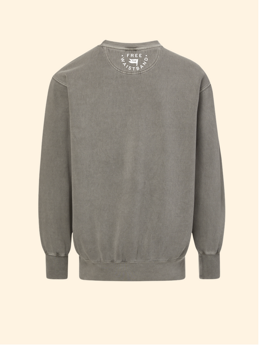 A washed gray crewneck sweatshirt shown from the back, featuring a circular white graphic print on the inner neck collar, set against a solid cream background.