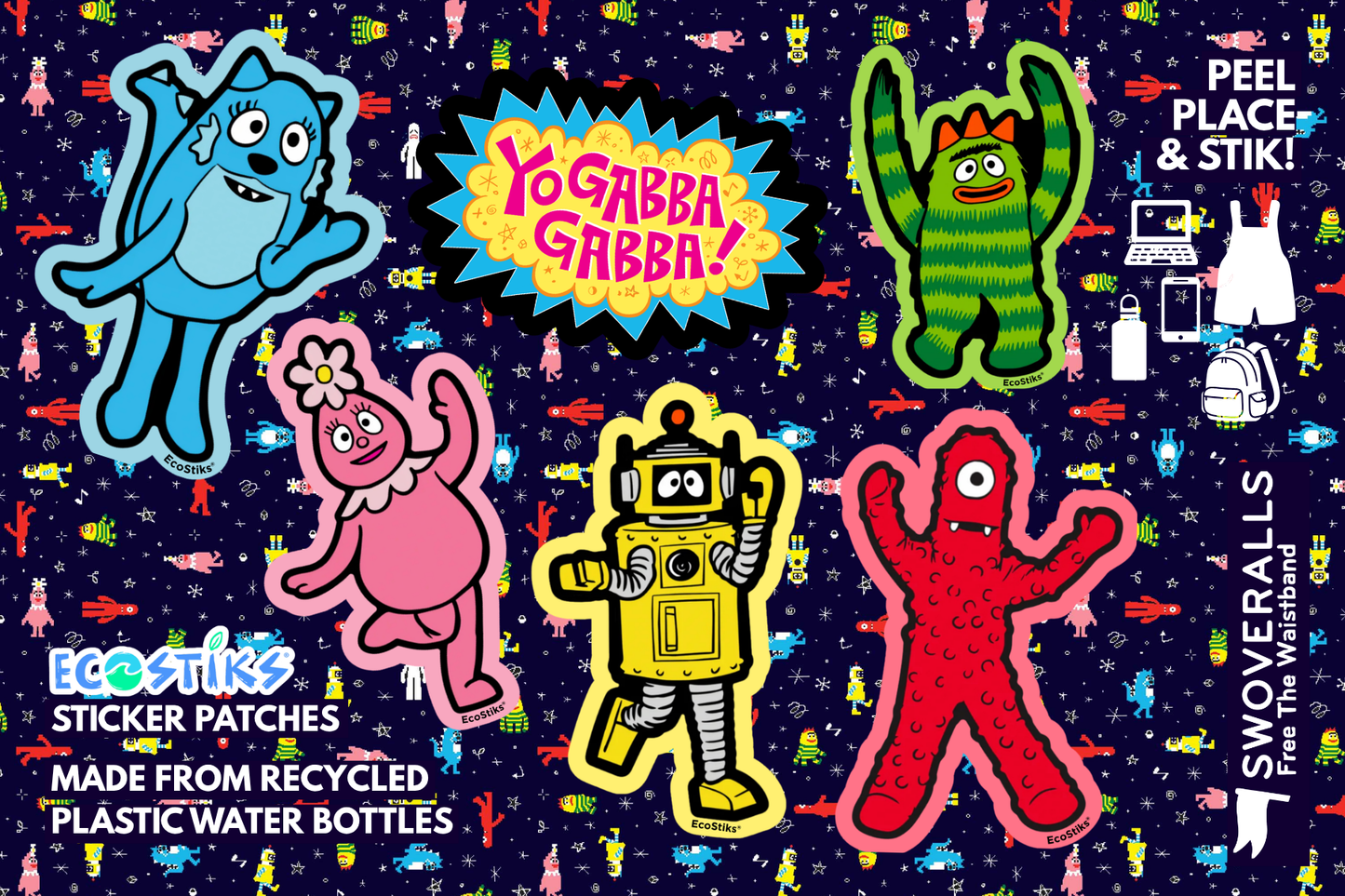 A flat lay of colorful sticker patches on a dark patterned background. The patches include blue, pink, green, yellow, and red cartoon characters, with text reading 'YoGabba! YoGabbas'.