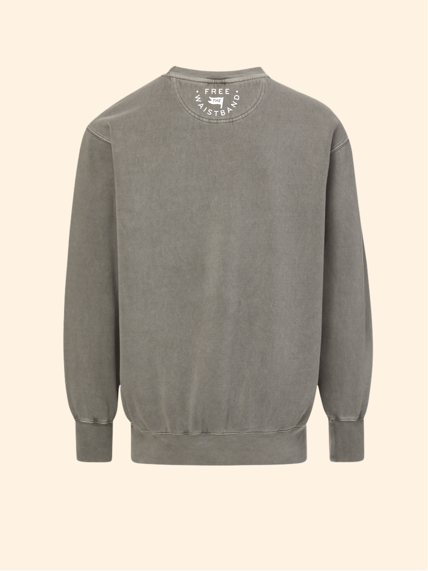 A washed gray crewneck sweatshirt shown from the back, featuring a circular white graphic print on the inside of the collar that reads 'FREE PAIRS TO SHIP' with a small arrow icon. The sweatshirt has a faded, mineral-washed texture and is displayed against a solid cream background.