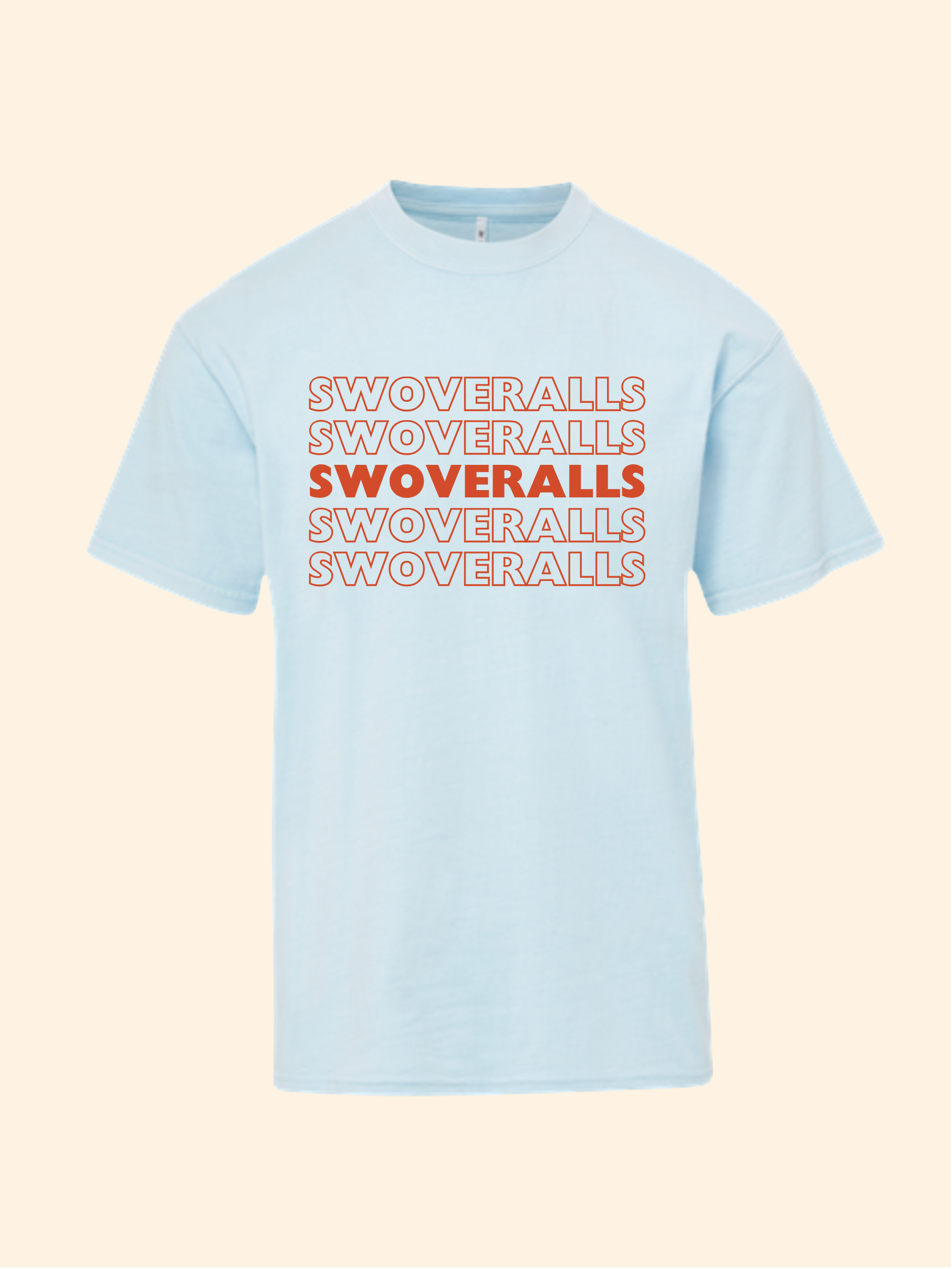 A light blue crewneck t-shirt featuring the word 'SWOVERRALLS' repeated vertically in orange and outlined text on the chest, displayed against a solid pale beige background.